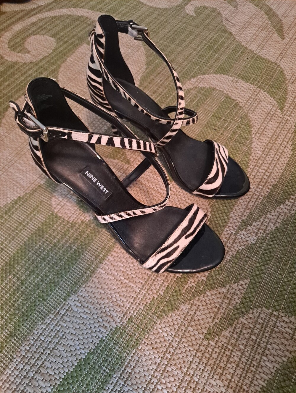 Nine West Black and White Zebra-Print Ankle Strap Heels